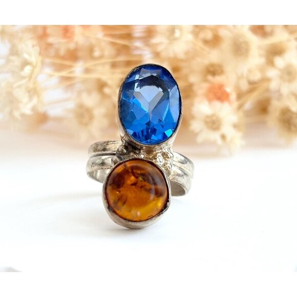 Jewelry - Blue Topaz Baltic Ambe Gemstone Modernist Sterling Silver Vintage Ring sz 5.75